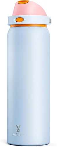 Vista 18 de Botella de agua de 24 onzas para el día de San Valentín: Botella de agua de acero inoxidable Meoky con popote y tapa de boquilla, a prueba de fugas