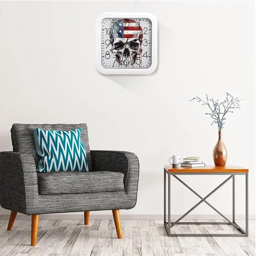 Vista 5 de 10" Square Modern Wall Clock,American Flag Skull Print Kitchen Clocks Wall Battery Operated,Silent Non Ticking Unique Funny Cute Wall Clock for