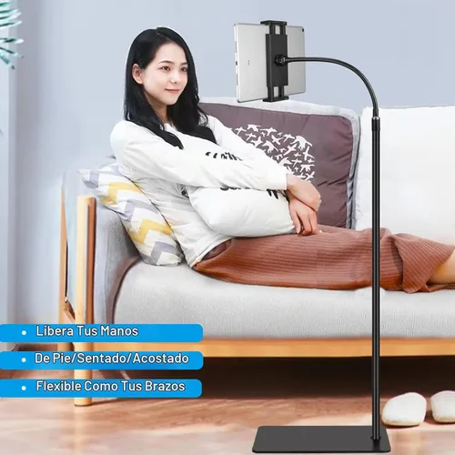 Vista 2 de Soporte de suelo para tableta con base de doble peso, soporte de metal giratorio de 360 grados con soporte flexible de cuello de cisne de brazo