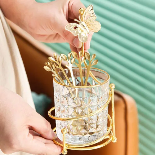 Vista 8 de Juego de 6 cucharas de café con soporte de vidrio, Juego de cucharas pequeñas de té de acero inoxidable dorado, Juego de mini cucharas de postre