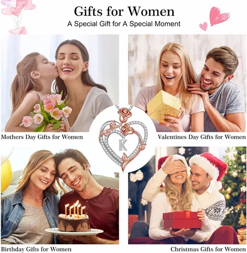 Vista 6 de Iefil Collar de corazón rosa para mujer, plata de ley 925, collar con letra inicial de corazón rosa para mujer, joyería para el día de San Valentín