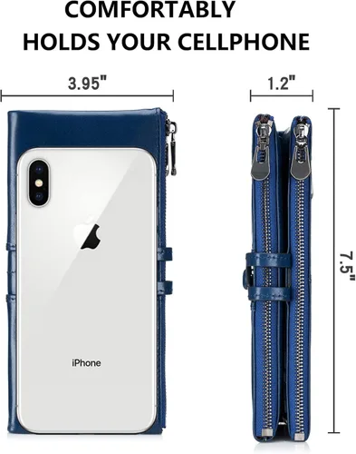 Vista 5 de ROULENS - Billetera de cuero genuino para mujer, con tarjetero, compartimiento para celular, chequera, monedero, con cremallera, cartera Rfid, L