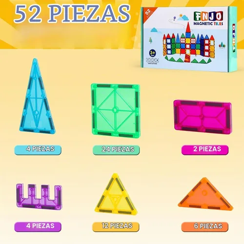 Vista 4 de FNJO Azulejos magnéticos, juego de construcción de 52 piezas, bloques de construcción magnéticos, juguetes STEM de construcción para niños