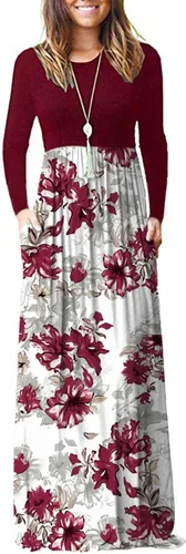 Vista 37 de Vestido de manga larga para mujer, holgado, liso, largo, estilo informal, con bolsillos. 01-verde militar