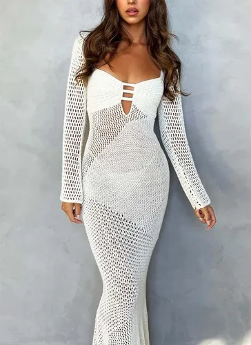 Vista 2 de Sastianaen Women Crochet Knit Maxi Dress Y2k Long Sleeve Backless Dress Hollow Out Bodycon Long Dress Going Out Streetwear