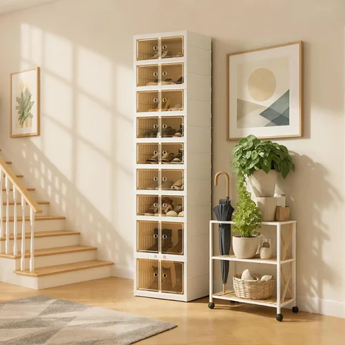 Vista 21 de Organizador de Zapatos Plegable Caja de Almacenamiento, Estante de Zapatos Plegable Portátil Extra Grande para Closet, Caja de Almacenamiento