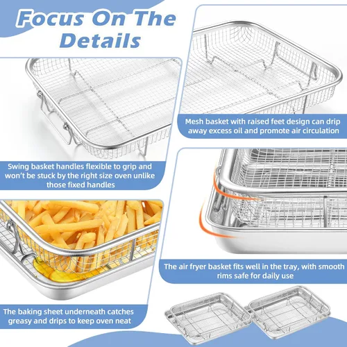 Vista 3 de TeamFar Cesta para freidora de aire para horno, juego de 2 cestas y bandeja de freidora de aire de acero inoxidable, estante para freidora de aire
