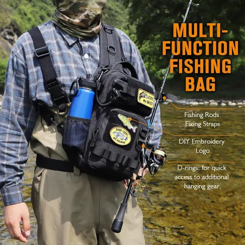 Vista 4 de Dovesun Mochila de pesca pequeña con cajas de aparejos, bolsa de pesca con parches bordados de bricolaje, bolsa de aparejos de regalo para hombres