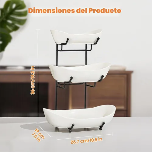 Vista 3 de Cesta de fruta de 3 niveles, frutero de cerámica para encimera