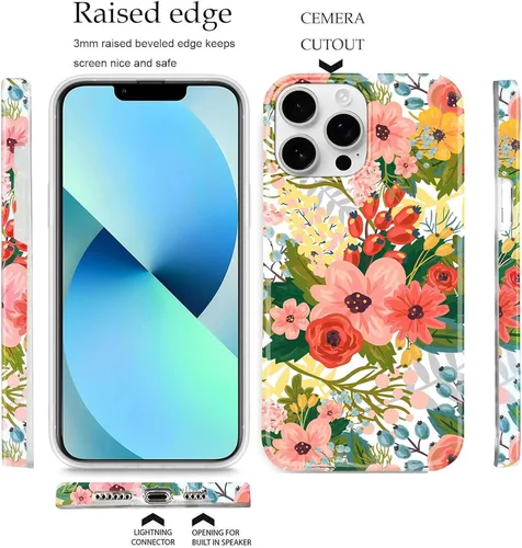 Vista 5 de J.west Funda de silicona protectora de silicona para iPhone 14 Pro de 6.1 pulgadas, diseño floral de TPU suave con ramos de flores de verano