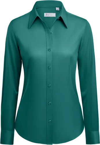 Vista 18 de siliteelon Camisas con botones para mujer: camisa de vestir de manga larga sin arrugas, ajuste clásico, con cuello, color sólido, formal