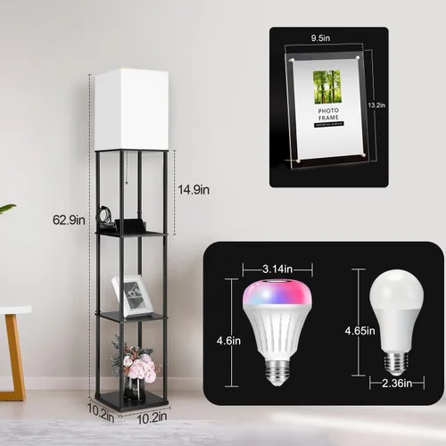 Vista 2 de Lámpara de pie LED con estantes y salidas AC/USB, bombilla inteligente Galaxy Star, proyector que cambia de color y luces controladas por