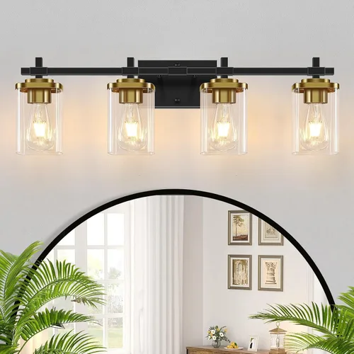 Vista 15 de 2 luces de tocador de baño, accesorios de luz de tocador negro mate sobre espejo, apliques de pared modernos con pantalla de vidrio transparente