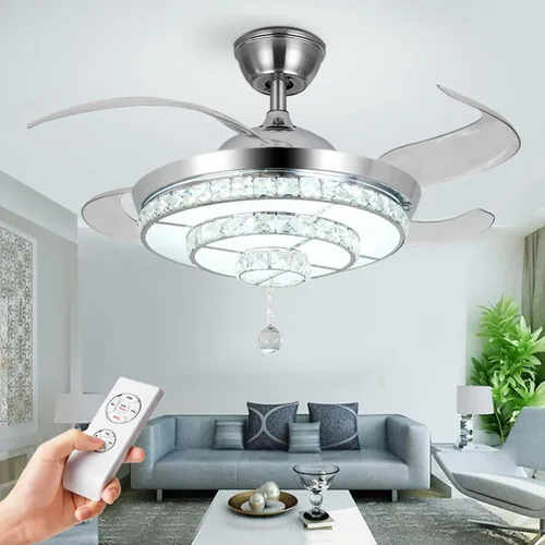 Vista 13 de Ventilador de techo retráctil de 42 pulgadas con luz y control remoto, candelabro negro cristal, moderno, comedor