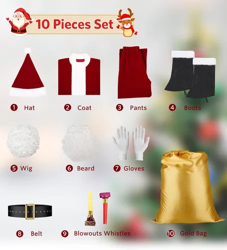 Vista 9 de AOSUYOU Santa Claus Costume For Men, 9PCS Deluxe Santa Suit Adults Men Santa Costume Christmas Santa Outfit