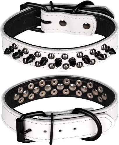 Vista 20 de Collar de perro con tachuelas, collar de perro de cuero genuino, collares ajustables para mascotas pequeñas o medianas (S, negro-1)