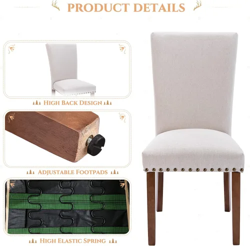 Vista 6 de Juego de 2 sillas tapizadas de tela para comedor, sillas de cocina estilo Parsons con ribete de cabeza de clavo y patas de madera - Beige