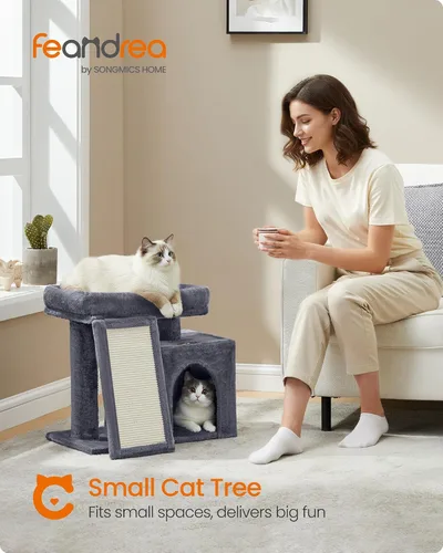 Vista 2 de Feandrea Árbol pequeño para gatos, condominio de torre para gatos, rampa rascadora, percha superior grande, cueva, 20.1 x 15.4 x 18.3 pulgadas, gris