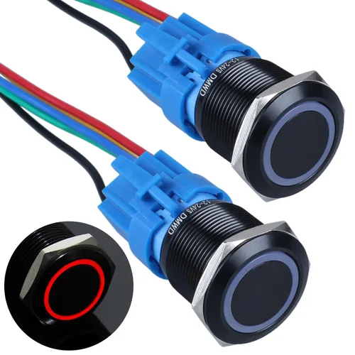 Vista 15 de 2 interruptores de botón de bloqueo de 0.748 in de 12 V-24 V, anillo de CC LED 1NO 1NC impermeable botón de metal negro encendido apagado