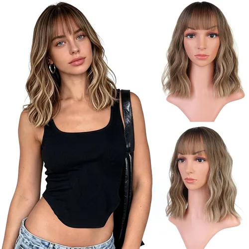 Vista 24 de VCKOVCKO - Peluca de cabello castaño claro rizada con flequillo de aire, onda natural rizada, peluca corta estilo Bob para mujer, longitud hasta