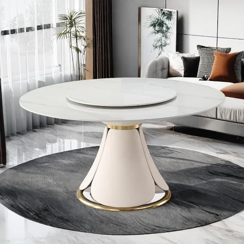 Vista 7 de Leavader Mesa de comedor redonda de 59 pulgadas, moderna mesa de mármol sintético con bandeja giratoria y base en forma de pétalo, mesa de comedor