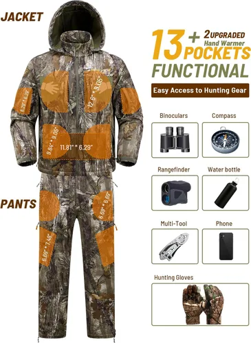 Vista 3 de NEW VIEW Ropa de caza de camuflaje para hombres, forro polar cálido y silencioso, chaqueta y pantalones de caza de ciervos para clima frío