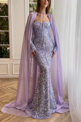 Vista 3 de Vestidos de fiesta de sirena con hombros descubiertos brillantes 2023 con capa de manga larga con lentejuelas y escote corazón, vestido formal