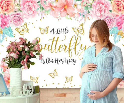 Vista 2 de Telón de fondo de mariposa para baby shower, con texto en inglés "A Little Butterfly is On Her Way", fondo de baby shower, fondo de mariposa floral