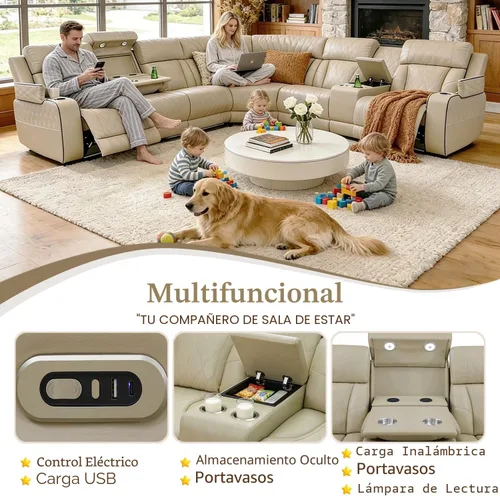 Vista 4 de Juego de sofá seccional reclinable de cuero, sofá seccional con 4 sillones reclinables