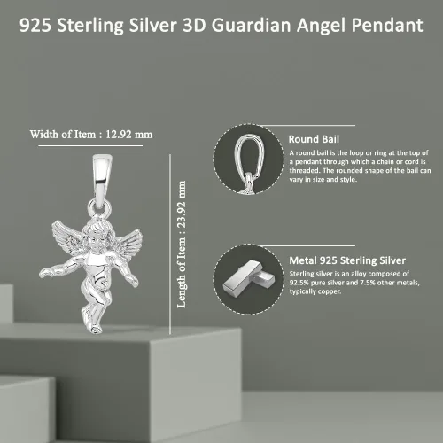 Vista 5 de Colgante de ángel de la guarda 3D de plata de ley 925 (L- 0.95 pulgadas, W- 0.51 pulgadas), Metal, No es una piedra preciosa