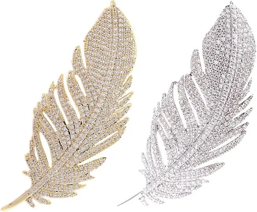 Vista 3 de Broche de plumas de diamantes de imitación para mujeres y hombres, alfileres de hoja de cristal, ramillete de joyería para sombrero, bolsa, traje