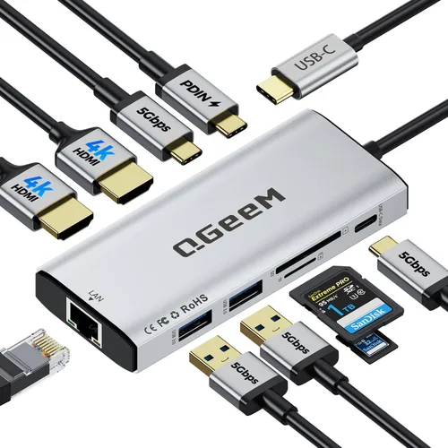 Vista 13 de Hub USB C, estación de acoplamiento para laptop 10 en 1, monitor dual individual 8K y 2x4K @60Hz, adaptador multipuerto tipo C con 2 HDMI, PD100W 10