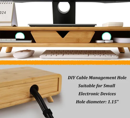 Vista 7 de Soporte de Monitor de Bambú Homerays, Elevador de Monitor sin Necesidad de Ensamblaje, Soporte de Monitor Exquisito con Cajón, Soporte de Monitor
