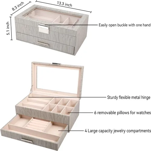 Vista 4 de LANDICI Caja organizadora de relojes para hombres y mujeres, 2 capas y 6 ranuras de piel sintética con parte superior de cristal, soporte grande