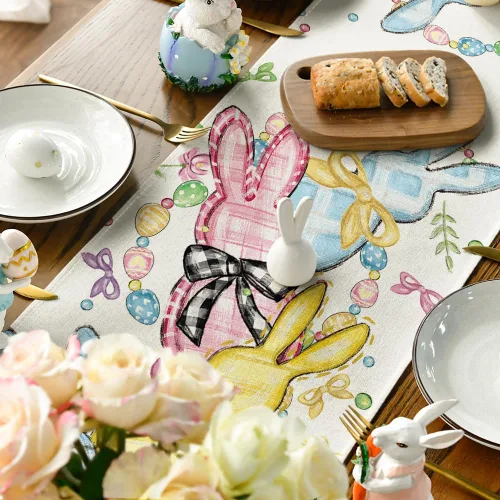 Vista 4 de Artoid Mode Camino de mesa de Pascua con lazo floral, conejo, conejo, huevos, Pascua, decoración de mesa de comedor de primavera para decoración