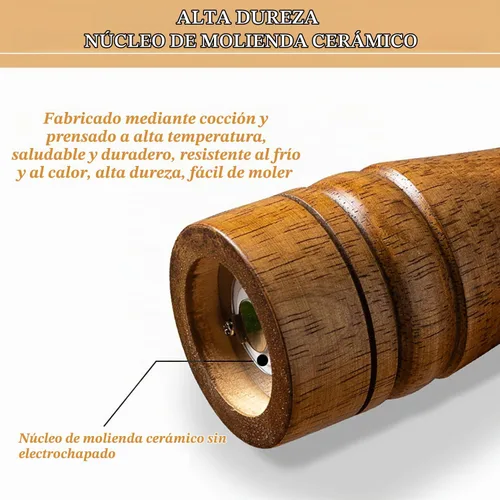 Vista 6 de Molinillo de pimienta de madera de 10 pulgadas de grosor ajustable, molino de pimienta de madera o molino de sal con rotor de cerámica ajustable