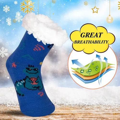 Vista 4 de FENELY 3 Pairs Winter Kids Fuzzy Slipper Socks 2-44-66-8 Girls Boys Thermal Warm Non-SkidGifts for Christmas Stocking