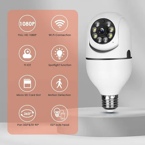 Vista 2 de Bombilla inalámbrica WiFi 1080P, cámaras de seguridad inalámbricas para exteriores, 360 grados para interiores, cámaras de seguridad para seguridad