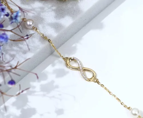 Vista 5 de Ankets de oro de 10 quilates creado Moissanite Infinity para mujeres pulsera de tobillo con perlas de oro real regalos para ella 94in 08in 04in