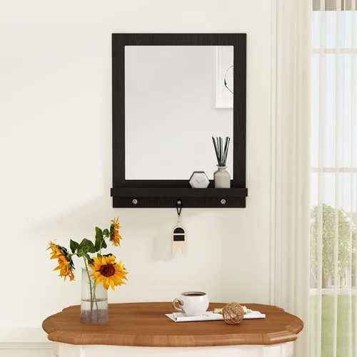 Vista 8 de ARTPOWER Espejo de pared de madera de 24 x 18.5 pulgadas con estante, espejo rectangular de pasillo con ganchos, espejos de pared colgantes