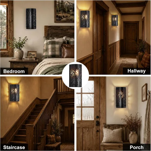 Vista 4 de Juego de 2 apliques de pared rústicos, con cable negro mate, sombra de árbol industrial, 1 luz E26 para dormitorio, pasillo, cabina