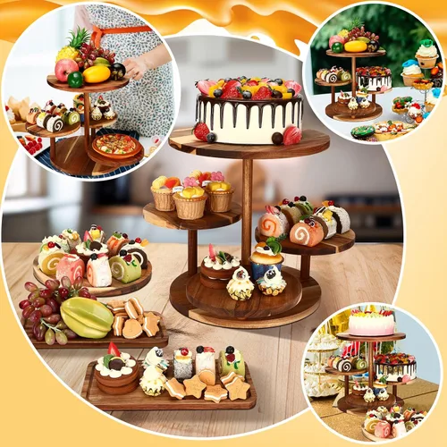 Vista 5 de Hushee Juego de 4 soportes redondos de madera para cupcakes con bandejas para servir, bandeja de madera de 4 niveles para pasteles con 1 plato