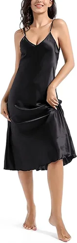 Vista 2 de Camisón de satén para mujer, vestido largo para dormir, camisones de seda con cuello en V Un negro