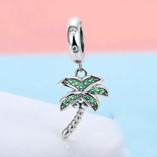 Vista 3 de Abalorio colgante de palmera de plata de ley 925 para vacaciones de verano para pulsera y collar, Plata esterlina, plateado