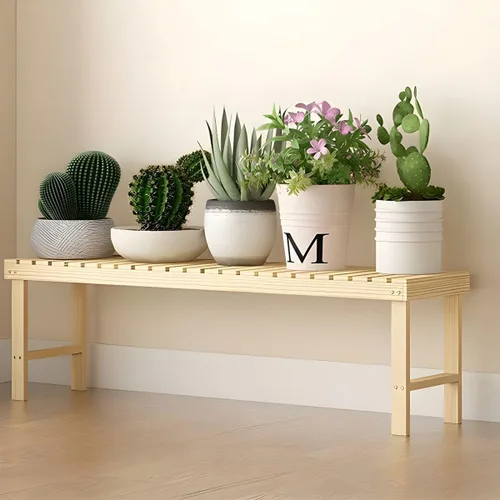 Vista 17 de Soporte rectangular para plantas de madera maciza de 1 nivel, 4 patas, flores, suculentas, rábano verde, de una sola capa, escalera de balcón Marrón