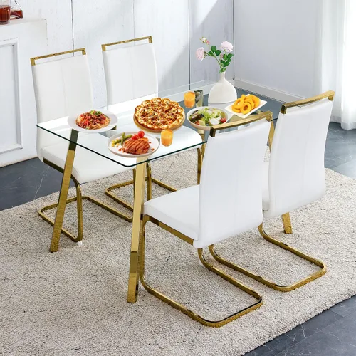 Vista 20 de Juego de mesa de comedor de cristal para 4, mesa rectangular con 4 sillas de cocina de cuero blanco, juego de comedor de cocina de 51 pulgadas, mesa