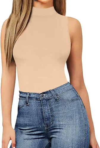 Vista 2 de MANGOPOP Camiseta sin mangas con cuello de tortuga falso, manga corta, leotardo