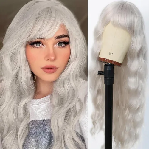 Vista 7 de Pelucas de cabello ondulado rojo con flequillo, transpirable, resistente al calor, pelo de fibra sintética, largo de 24 pulgadas rizado, marrón 99J