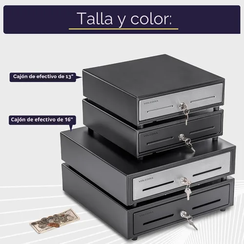 Vista 7 de Volcora Cajón de caja registradora de 13" para sistema de punto de venta (POS), Bandeja de efectivo de 4 billetes y 5 monedas, Cajones delanteros