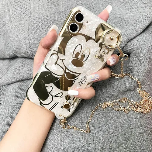 Vista 4 de Funda de dibujos animados para iPhone 7/8/SE de 4.7" con protector de pantalla HD, Mickey Mouse con correa de muñeca, soporte, cadena de metal